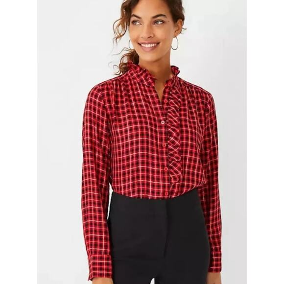 Ann Taylor Red and Black Metallic Plaid Ruffle Button Down Top Size Large - Picture 1 of 9